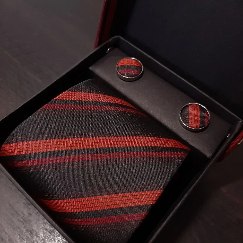 💠3-Pc Boxed Gift Tie Set Coordinated Print Cuff Links Pocket Square